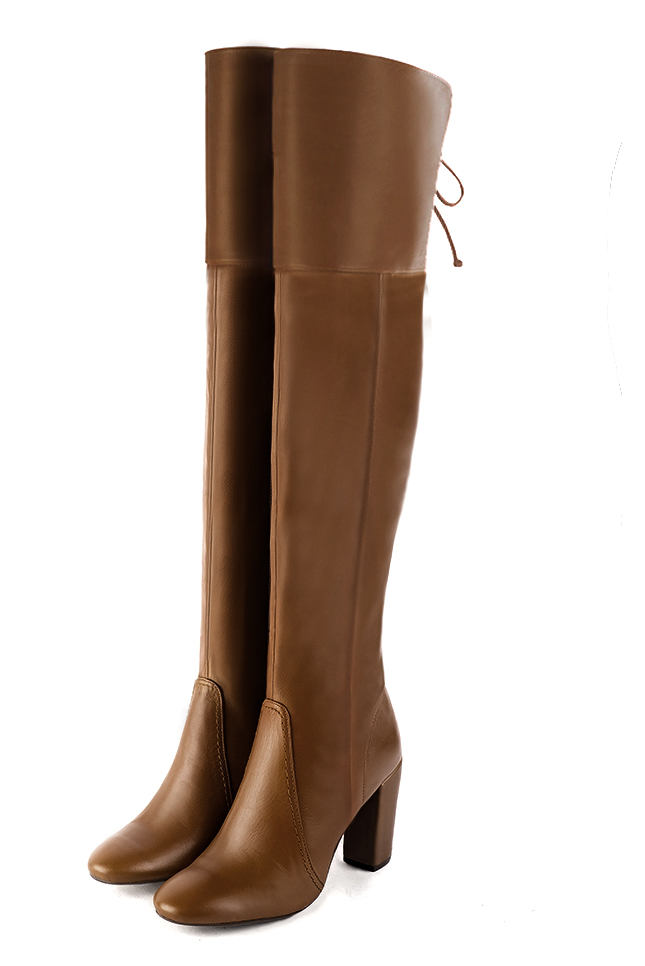 Caramel brown women's leather thigh-high boots. Round toe. High block heels. Made to measure - Florence KOOIJMAN